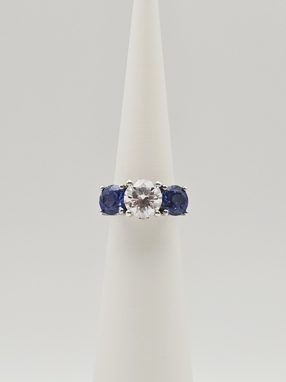 Three-Stone Blue Sapphire and White Stone Women's Sterling Silver Ring